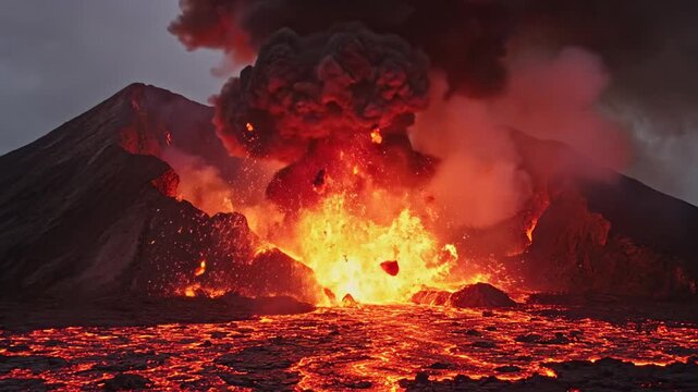 Dramatic molten lava flow over dark volcanic earth, intense heat and glowing embers fill the frame, powerful natural force showcasing geothermal energy and raw planetary power