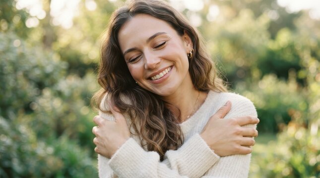 Young woman hugging herself outdoors with a happy expression