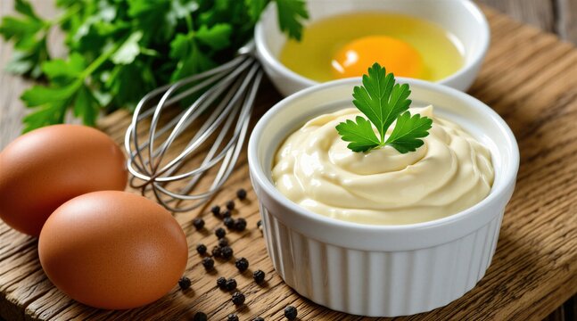 White ceramic bowl contains creamy homemade mayonnaise garnished with fresh green parsley leaves. Raw chicken eggs, peppercorns, metal whisk sit on rustic wooden board. Culinary preparation of