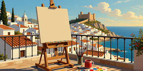 Fototapeta premium Wooden easel with blank canvas stands on sunlit balcony. White village cascades down hill to blue sea under clear sky. Artist paints Mediterranean landscape.