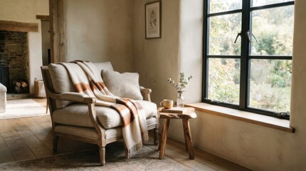 Fototapeta premium Cozy armchair with blanket in rustic living room interior