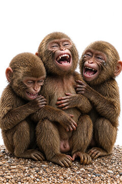 Three Cute Baby Macaques Laughing Together With Joyful Expressions