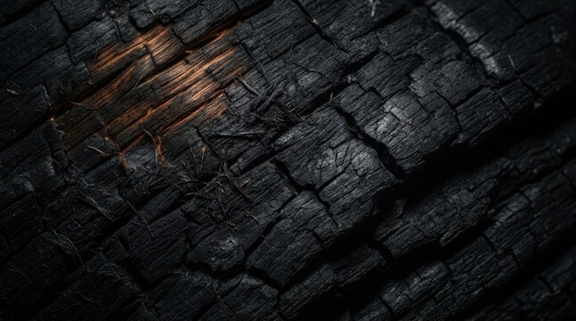 Macro view of charred wood surface with glowing embers and textured burnt bark patterns for background