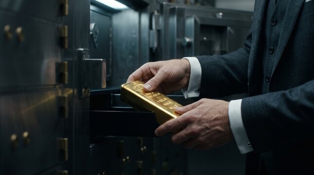 Businessman placing a gold bar into a bank safety deposit box for secure financial storage.