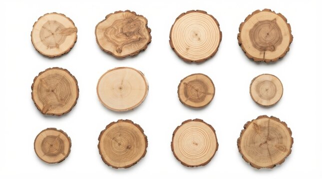 Set of round wooden tree branch slices with growth rings