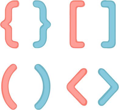 Set of Brackets and Parentheses: A graphic illustration showcasing four pairs of punctuation marks - curly braces, square brackets, parentheses, and angle brackets - in pastel pink and blue.