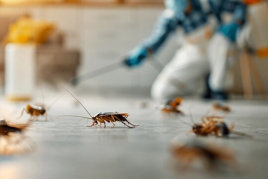 Exterminator pest control worker spraying insecticide chemical to kill cockroaches on kitchen floor. Professional pest control service eliminating bug infestation inside residential house.