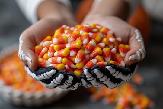 Person holding handful of colorful candy corn in skeleton gloves. Halloween themed treat presentation with festive bowl backdrop. Holiday celebration sweet food concept