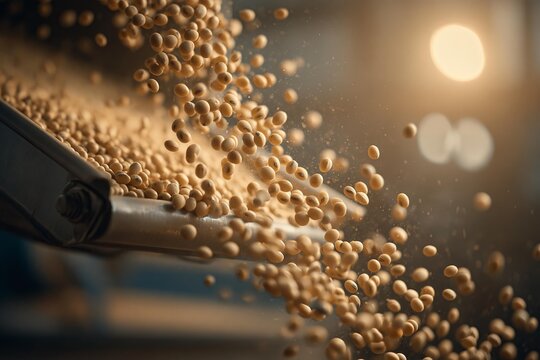 Industrial conveyor belt sorting organic soybeans. Factory machine processing agricultural harvest. Production line manufacturing food commodities