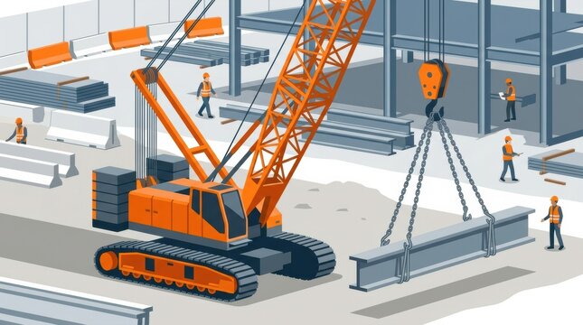 At a construction site, workers in hard hats operate a crawler crane that lifts steel beams. The site shows various building materials.