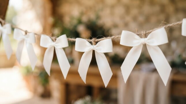 White ribbon bows hanging on a twine garland