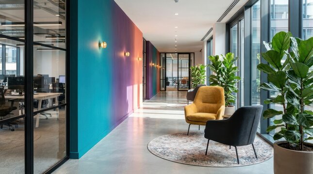 Modern office interior with a vibrant gradient wall, contemporary lounge chairs, and floor-to-ceiling windows with indoor plants
