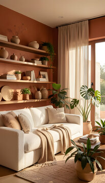 Modern living room displaying a cozy organic design with a comfortable white couch. Warm terra cotta walls. Natural wood shelves. And various potted plants