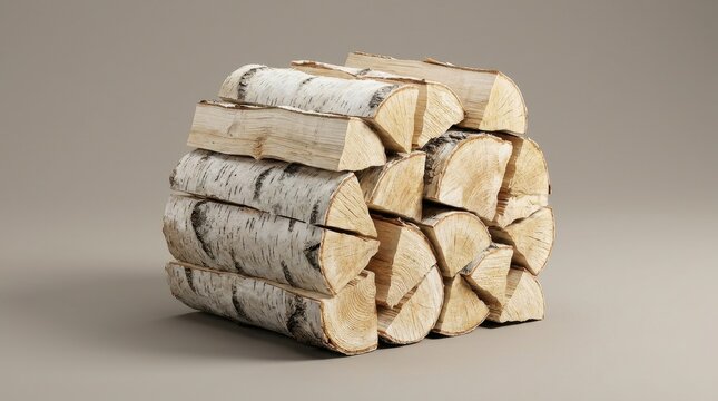 A neat stack of split birch firewood logs isolated on a clean neutral background