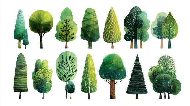 A collection of diverse stylized green trees with simple shapes and various forms arranged in rows