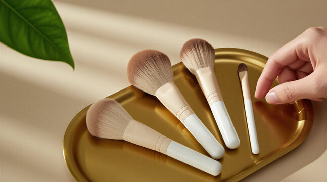Makeup brushes rest on golden metal tray. Person hand touches soft pro beauty tools with white handles, beige bristles. Cosmetic items lie on beige surface with green leaf near spa salon equipment