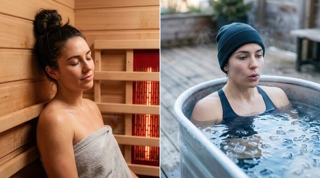 Woman relaxing in sauna and taking ice bath cold plunge