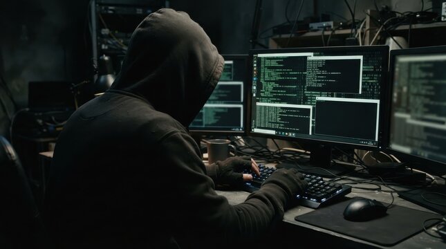 Hacker in hoodie working on computer at desk