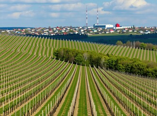 Naklejka premium Vineyard rows extend across rolling hills in early spring. Green grass grows between vine trunks near industrial village with houses, radio towers. Rural landscape shows agricultural farm land during