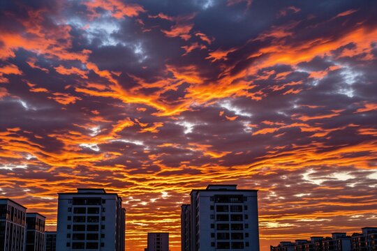 Dramatic sunset with burning orange red clouds over modern apartment city buildings. Dark silhouettes of residential skyscrapers under vibrant evening sky after storm. Meteorological phenomenon