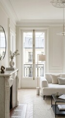 Fototapeta premium Modern living room interior with marble fireplace and window view