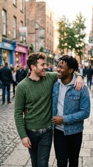 Fototapeta premium Two diverse men walking arm in arm on a city street