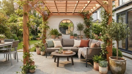 Fototapeta premium Modern garden patio with wooden pergola and outdoor lounge seating