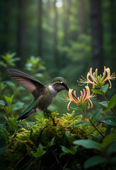 Fototapeta premium Pollination and biodiversity in nature, hummingbird feeding on honeysuckle flower in a lush green forest environment