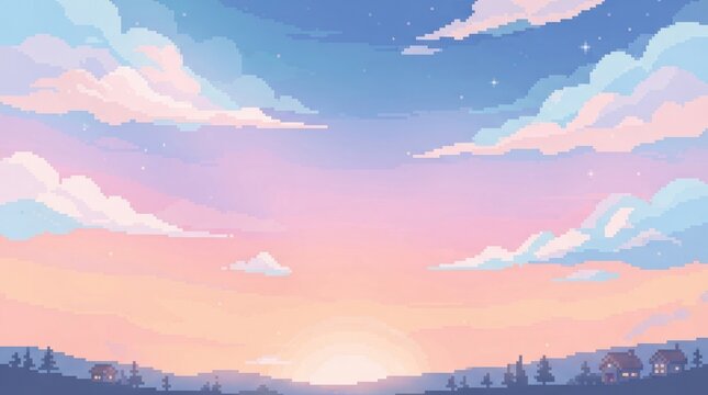 Pixel art sunset landscape with dreamy pastel sky and clouds