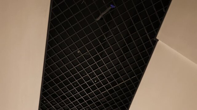 Black grid ceiling with integrated lighting in modern interior