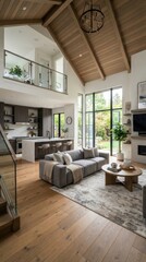 Fototapeta premium Modern luxury living room with high vaulted wooden ceiling and open concept kitchen