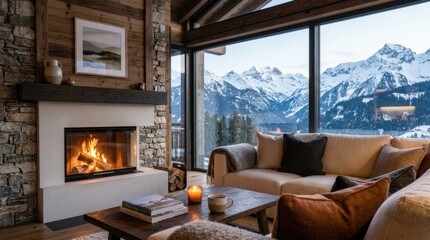 Fototapeta premium Cozy chalet living room with fireplace and mountain view
