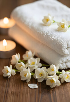 Spa and wellness with white towels, jasmine flowers, and lit candles for relaxation and self-care