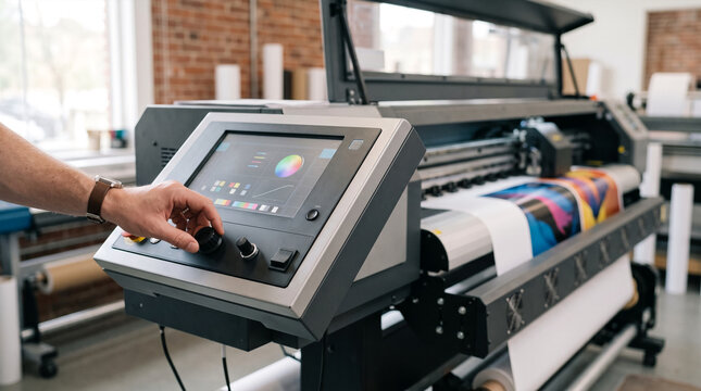Person operating large format printer with colorful print output