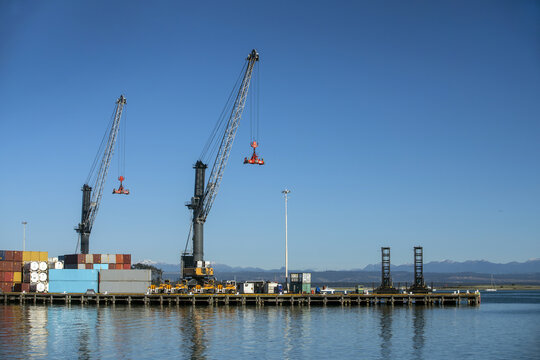 View of the Port of Nelson with large industrial cranes loading shipping containers onto the wharf, set against a clear blue sky and distant mountains in Nelson, Nelson Region, New Zealand.