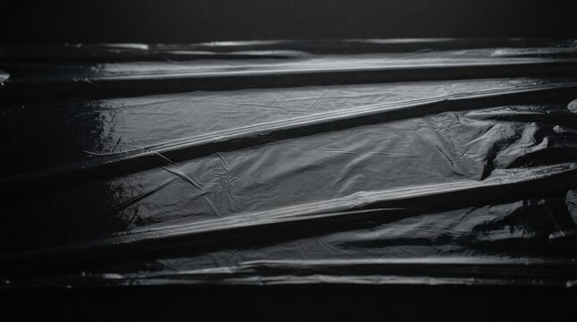 Black plastic wrap texture with glossy wrinkled surface and folds