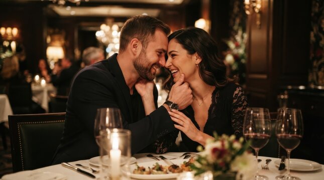 Happy couple in love having romantic dinner in a restaurant