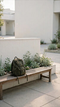 Abandoned backpack on empty school bench