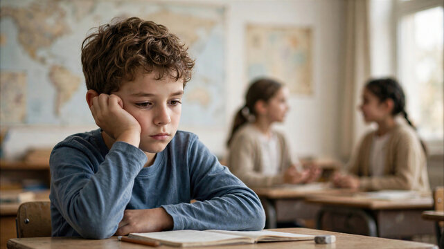 Sad boy sitting alone while classmates talk behind him