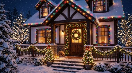 Fototapeta premium Cozy house decorated with Christmas lights and snow at night