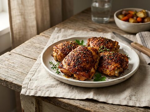 A plate of crispy baked chicken thighs seasoned with a delicious spicy chicken rub on a rustic wooden table