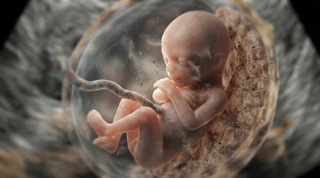 Human fetus inside the womb with umbilical cord and placenta