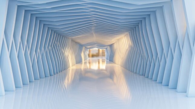 Futuristic architectural corridor with abstract geometric ribbed walls and light reflecting on a polished glossy floor