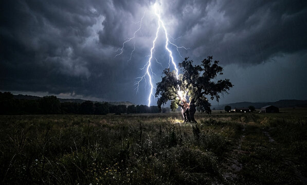 Tormenta el&eacute;ctrica sobre el campo con rayo impactando en una encina solitaria.