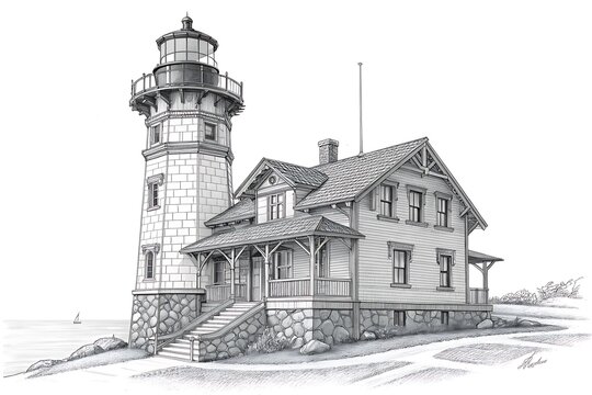 Historic lighthouse with attached keeper house illustration