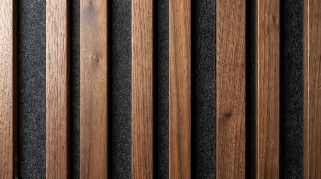 Modern acoustic wall paneling with vertical walnut wood slats and dark grey felt backing for interior design background