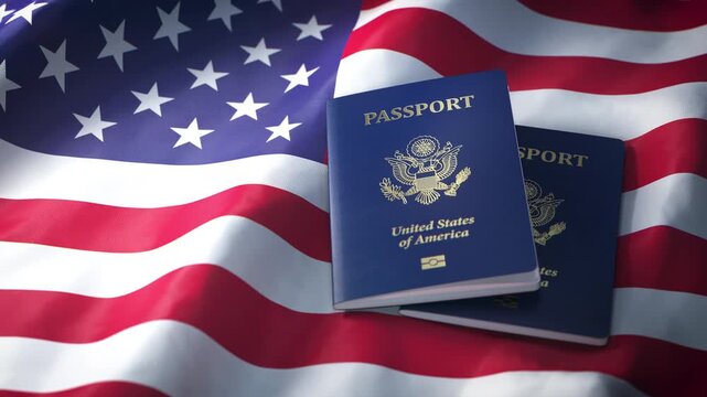 Passports of United States on the national flag of USA, symbolizing citizenship