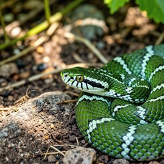 Obraz premium Green snake rests on brown dirt ground near rocks in forest. Coiled reptile shows pattern scales, bright eyes close up. Wild animal hunts for insects in nature. Predator waits patiently in garden