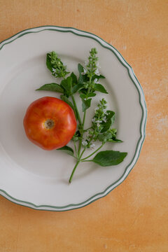 Fresh garden tomatoe and flowering basil on a plate