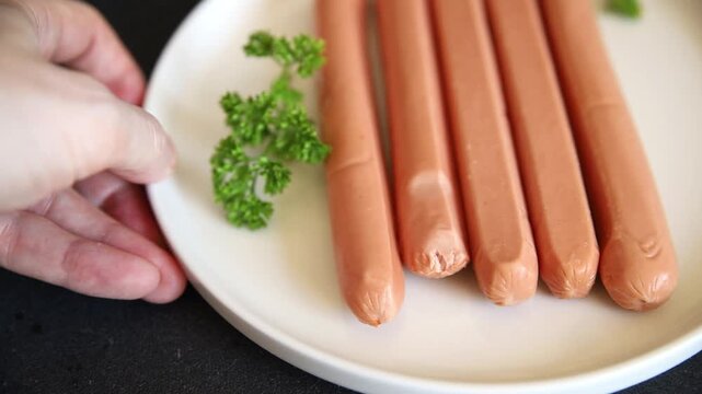 Sausages halal poultry meat turkey or chicken dish delicious appetizer fresh and delicious gourmet food background on the table traditional rustic food top view copy space